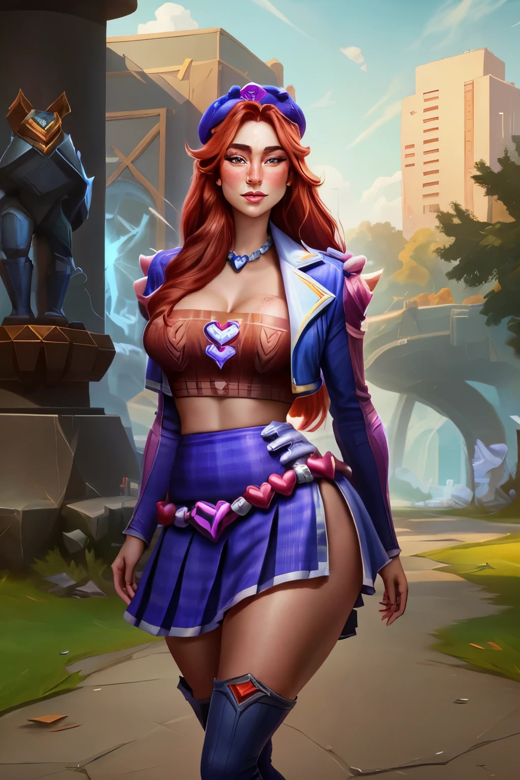 CAITLYN league of legends, long straight red hair, of the whole glass, perfectbody, Curvy Body, muslos grandes, (Heartthrob Caitlyn), skirt short, freckles on the face, face detailed, standing, in a park, ray tracing, high resolution, super detaill, 8k, Overview 