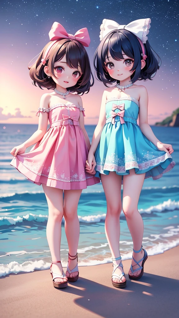 ((petite cute)), ((2girls for kissing)), ((cute face)), ((puffy eyes)), ((masterpiece)), ((best quality)), ((ultra detailed)), ((exquisite)), ((depth)), ((crisp)), ((8k)), ((beautiful and aesthetic)), ((super detailed skin)), ((high standard)), ((highres)), (perfect anatomy), (blush), (lipstick), (full body), (nostalgic scenery), (coast, summer memory), (emotional), (strap less), (to take a pose, kawaii), (barefoot), (girl sitting)