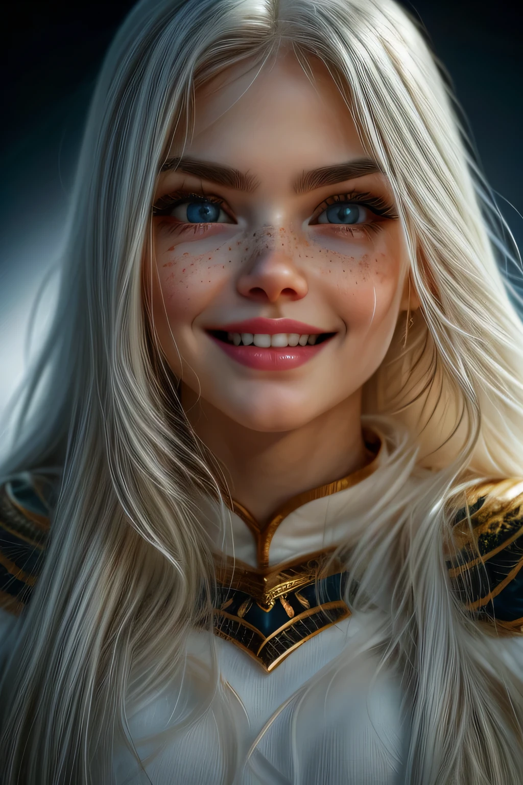 very beautiful woman, perfect face, long white hair, small sharp face, perfect big blue eyes, thin arched eyebrows, very thick and long eyelashes, close up face, freckles, small nose, black winged eyeliner, front view, looking at viewer, super white skin, russian soft small features, laughing with teeth, dimples 