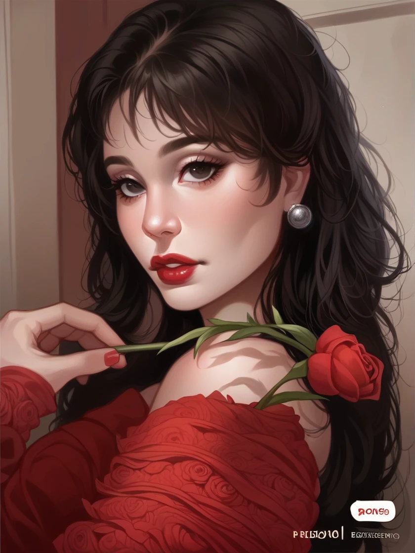 .Beautiful woman with long black hair and blue eyes, fair skin and pink lips. Wearing an elegant off shoulder red dress