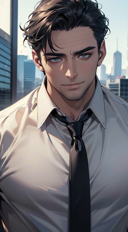 (Best Quality,4k,8k,high resolution,Masterpiece:1.2),ultra detailed,(realist,photorealist,photo-realist:1.37),1 man,31 years,mature man,very handsome,without expresion,muscled body,short gray black hair,Blue eyes,glare,perfect face without mistakes,imposing posture,businessman,office background,cinematic lighting,imagen HDR