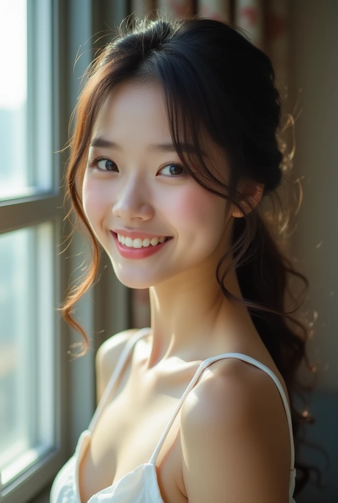 The face of the hostess、White bra、White panty、hiquality、A hyper-realistic、healthy、Smiling expression、Slender perfect figure、Japan Beauty、 perfect  eyes、Beautiful skin、Pink bathroom