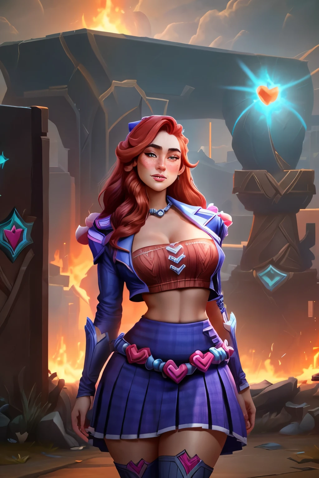 CAITLYN league of legends, long straight red hair, of the whole glass, perfectbody, Curvy Body, muslos grandes, (Heartthrob Caitlyn), skirt short, freckles on the face, face detailed, standing, in a park, ray tracing, high resolution, super detaill, 8k, Overview 