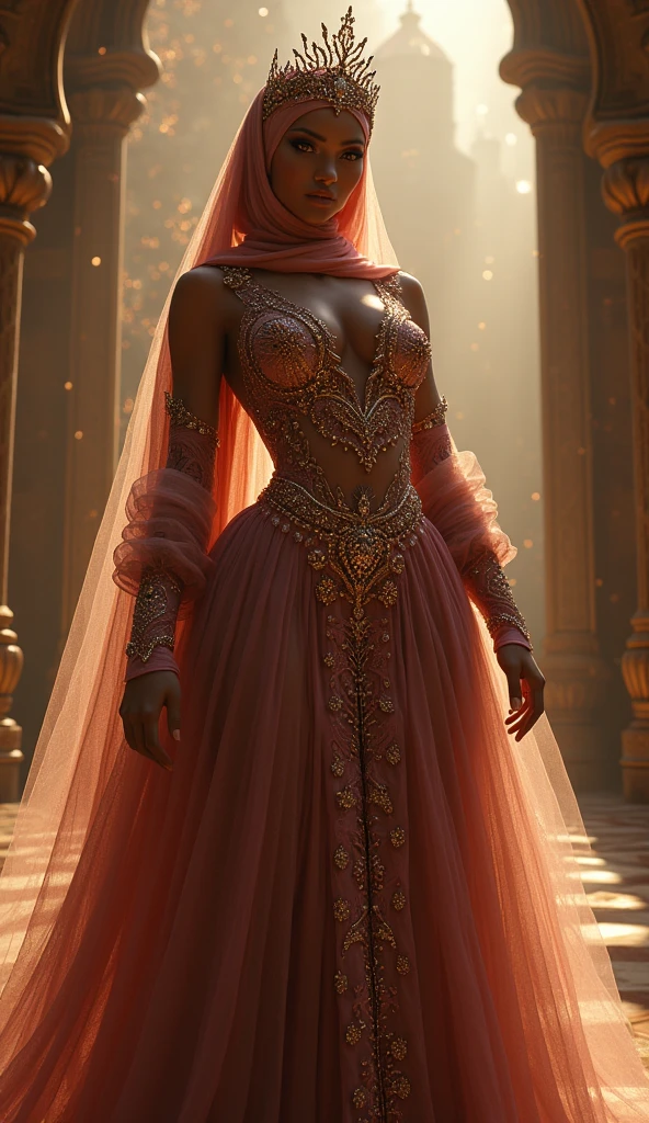 Elf, queen , luminous dress , golden background, royal corth.