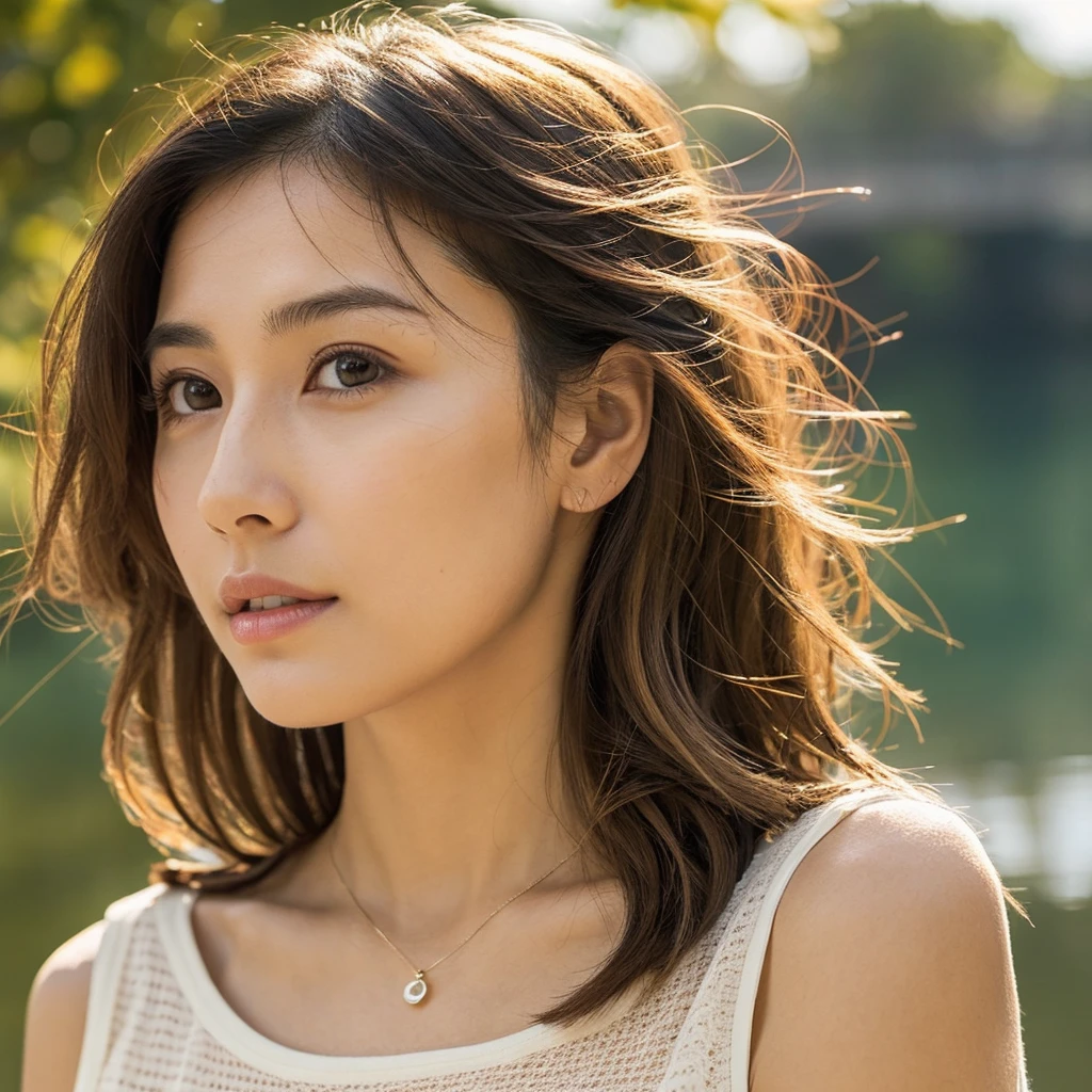 A hyper-realistic image of a single Japanese woman in her early 20s, captured with the nostalgic warmth and pronounced graininess of a film camera. She is shown from the shoulders up, with a variety of hairstyles such as straight, wavy, or lightly tousled hair, each catching the light in a natural, dynamic way. Her skin has a darker, olive-beige tone with a noticeably rough texture, showing enlarged visible pores, fine lines, small blemishes, light scarring, and uneven patches of color such as subtle redness, slight dark spots, and natural discoloration around the cheeks, forehead, and nose. The texture is further enhanced by areas of slight oiliness and visible dryness, particularly around the nose and lips, creating an unrefined, authentic appearance. The light is soft and diffused, casting subtle shadows under her cheekbones and along the sides of her nose, adding depth and contour. She is dressed in a variety of summer clothing styles, like a light, sleeveless dress, a casual T-shirt, or a delicate blouse, each reflecting the relaxed ambiance of a warm day by the river. The background features a softly flowing river, with subdued natural light reflecting off the water’s surface, contributing to a calm, natural setting. The muted natural light and film grain effect add a sense of realism, highlighting the rough and varied texture of her skin without over-brightening it. Her deep brown eyes reflect the low, ambient light, adding depth and emotion. The composition captures a raw, unfiltered beauty, emphasizing natural imperfections and a darker skin tone that convey a true-to-life appearance.