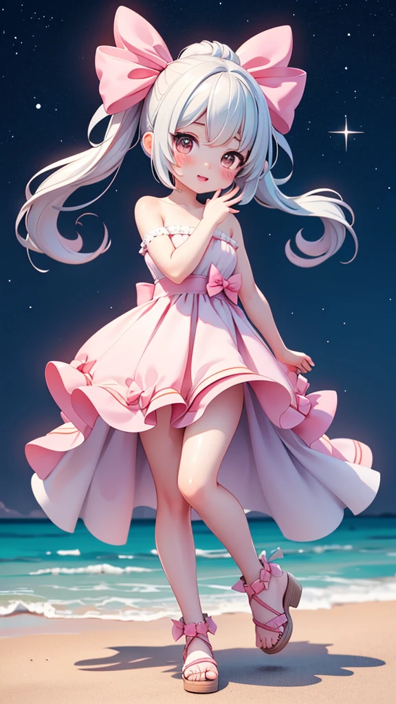 White and pink dream background with stars and sea in the distance, white skirt, white hair, two-dimensional theme, cute girl