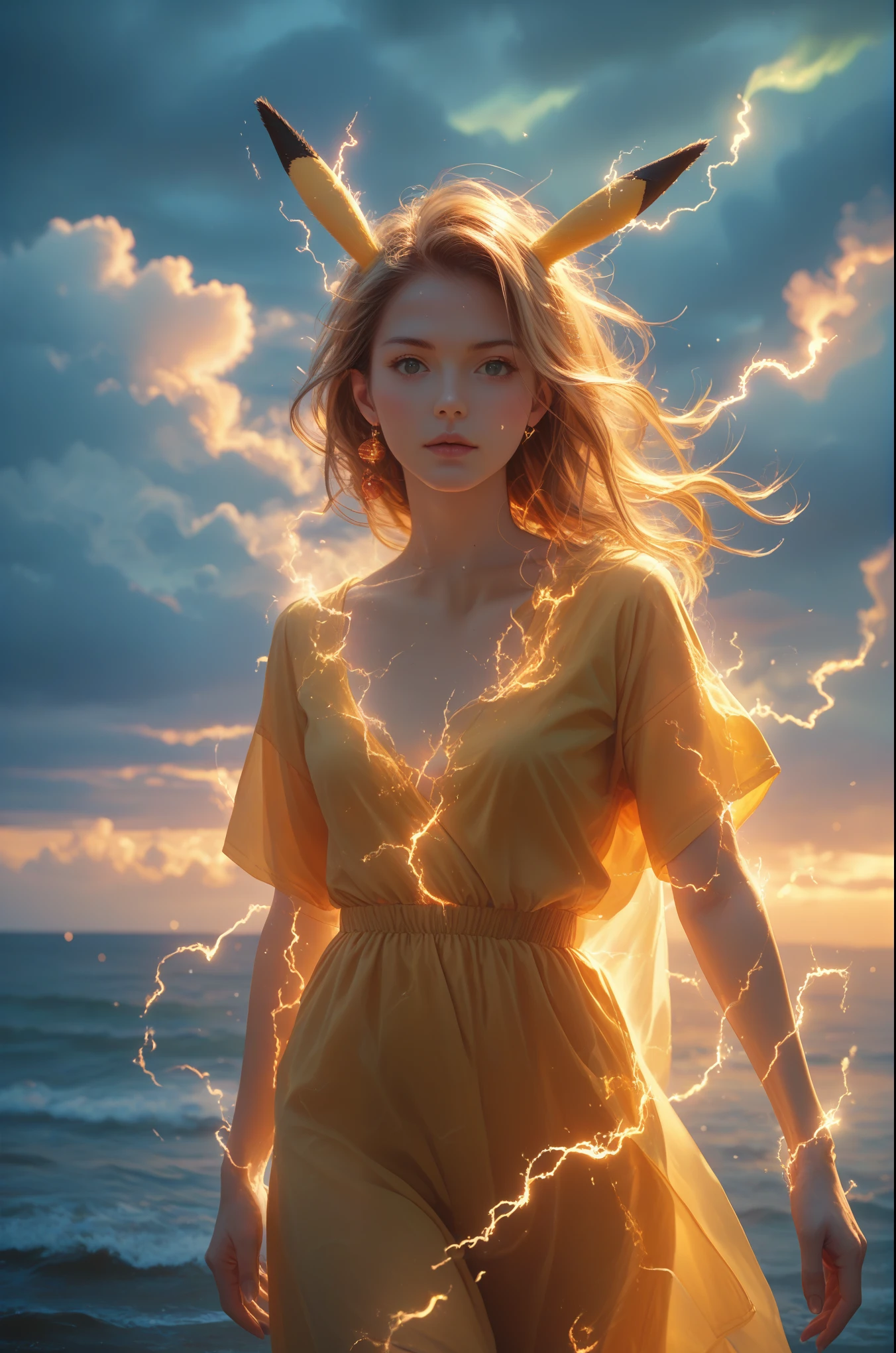 Pikachu is unhappy,
Aurora,electricity,rich and colorful,Luminescence,
Surrealism, best quality, masterpiece, Flawless, Gorgeous, Lovely, Stunning beauty, Perfect anatomical structure,
Fraction_9, Fraction_8_Direction_7_up,
on the beach, Cloud sky, 
Ghibli,