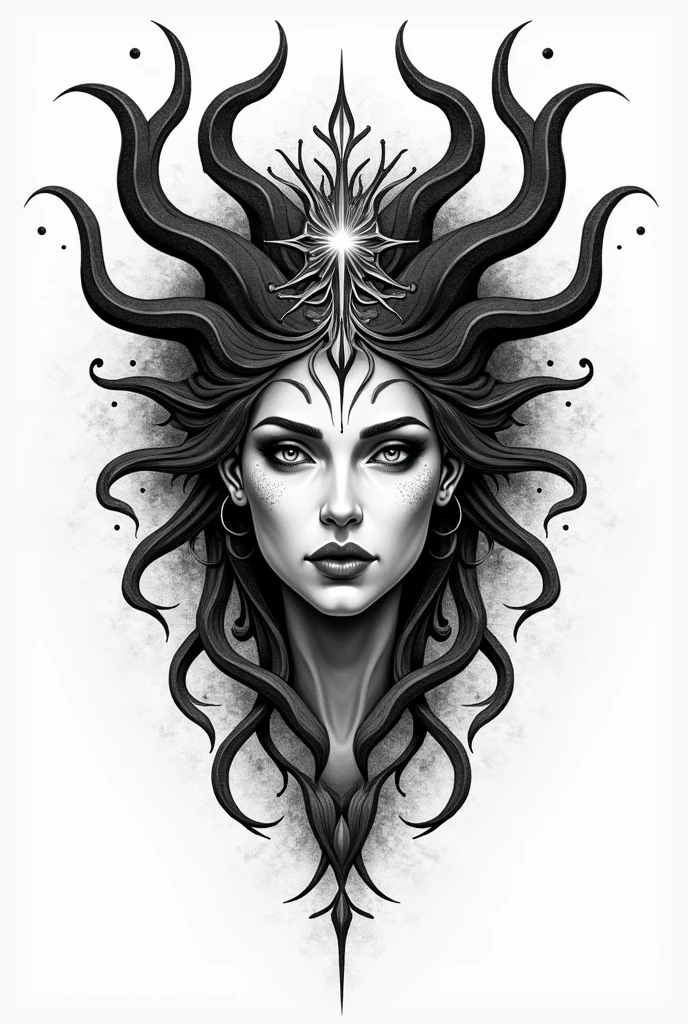 a drawing of a woman with skulls on her head, deusa. detalhes extremamente altos, close-up portrait goddess skull, Retrato da princesa asteca, tattoo sketch, Realismo Tattoo Sketch, desenho de tatuagem realismo, design de tatuagem, tattoo design sketch, tiro extremamente detalhado da deusa, Deusa guerreira asteca, design de tatuagem realismo, Um retrato impressionante de uma deusa, arte da deusa, Retrato da Deusa