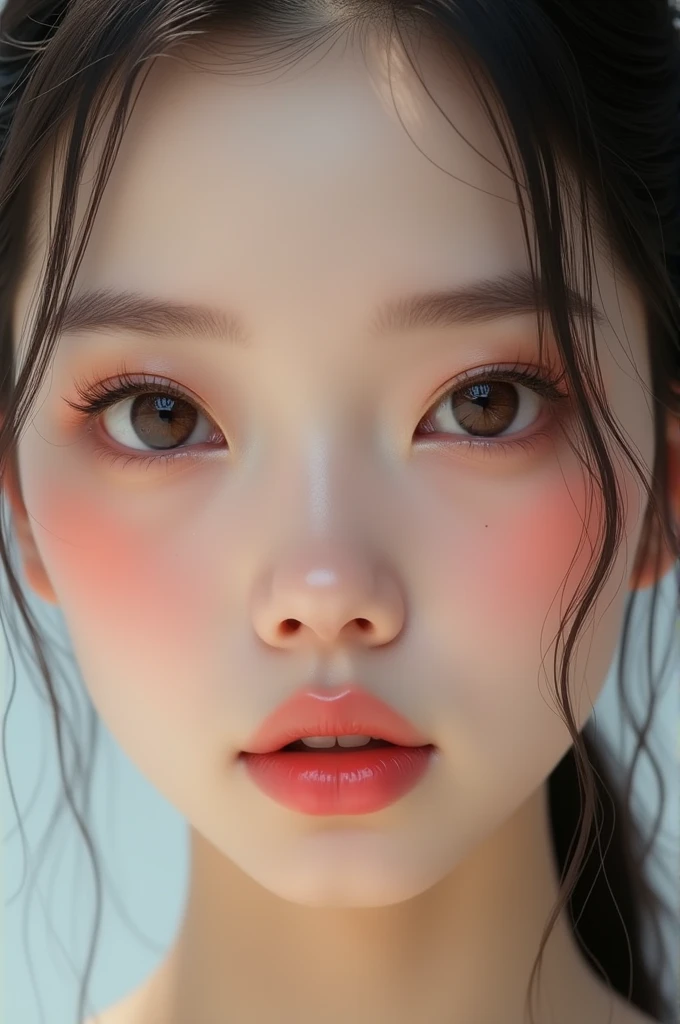18 year old Japanese female、Wearing a white shirt、Highly detailed face,round face、 Lips Detail,,Big eyes、double eyelid, Detailed black eyes,Thin lips、 Very beautiful face、current eyes, Beautiful Eyes, (Real Skin), Beautiful Skin, Ultra-high resolution、Facing forward and gazing at me、