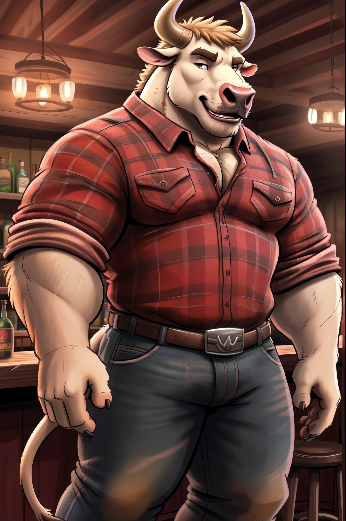 highest res, black bull, anthro, 4 fingers, male aged in early 50's, muscular, muscular anthro, muscular male, tail, standing in most realistic detailed accurate american western texan cowboy bar, solo, most realistic detailed accurate blurred background, by dramamine, by nanoff, by minedoo, by dream_and_nightmare, by horrorbuns, short darkest detailed multi tone bull fur, full body view, most realistic detailed bull fur pattern, colors, and markings, most tough and manly masculine calm relaxed casual face, dynamic most calm realxed casual tough and manly masculine calm relaxed pose, frontal view, fully front facing view, american, texan, western, cowboy, average height most bulky muscular sexiest body, daddy, dilf, open mouth, showing teeth, open eyes, detailed dark pupils, summer, nude male, best quality, masterpiece, perked up ears, facing viewer, looking at viewer, smiling, smiling at viewer, without text, summer, fully clothed male, indoors, closeup, most detailed huge pecs, best most realistic body proportions, most tough and manly, most detailed bull teeth, clothes, wearing most detailed most tough and manly masculine most accurate modern cowboy outfit, hdr, 8k, most detailed most shortest bull hair, most detailed shortest most tough and manly masculine hairstyle, an14, e621, best anatomy, best ergonomics, most tough and manly masculine male, most detailed bull horns,