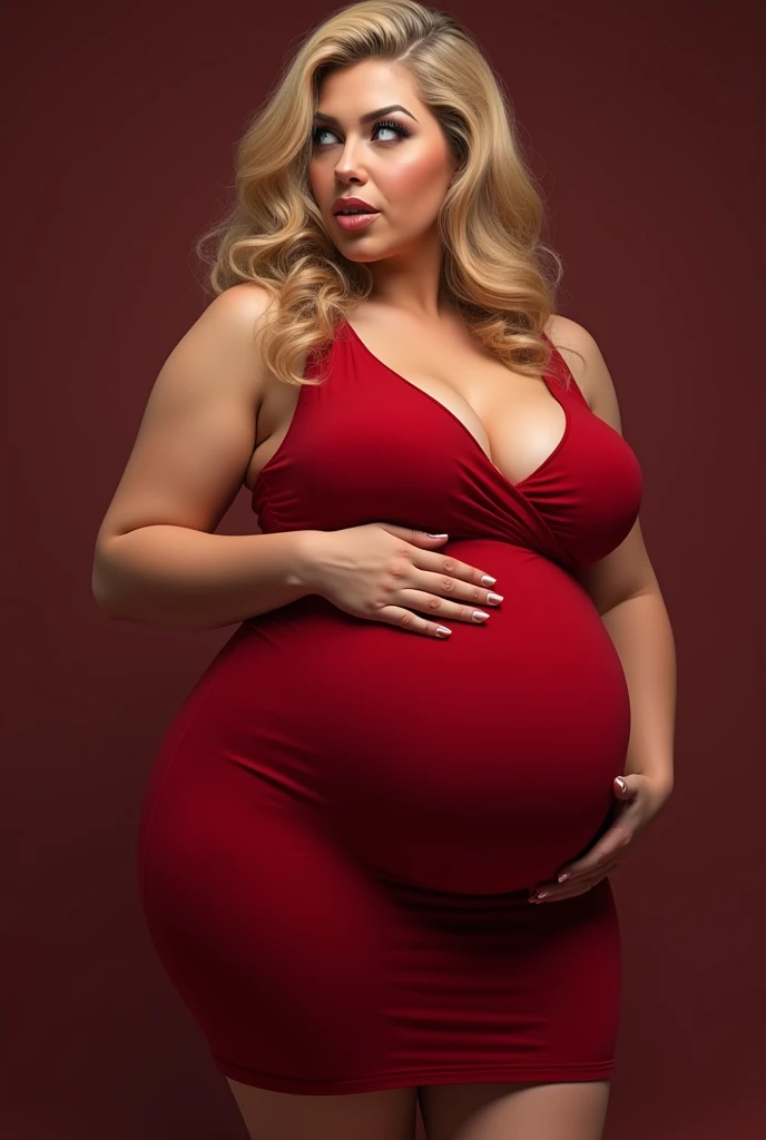 (best quality,ultra-detailed,realistic:1.37), 1girl, red dress, big bosom, curves, wide hips, blushing, Smiling, pregnant, long hair, 18 years old, Cute, healthy, blonde, slutty, lewd, revealing clothes, skimpy outfit