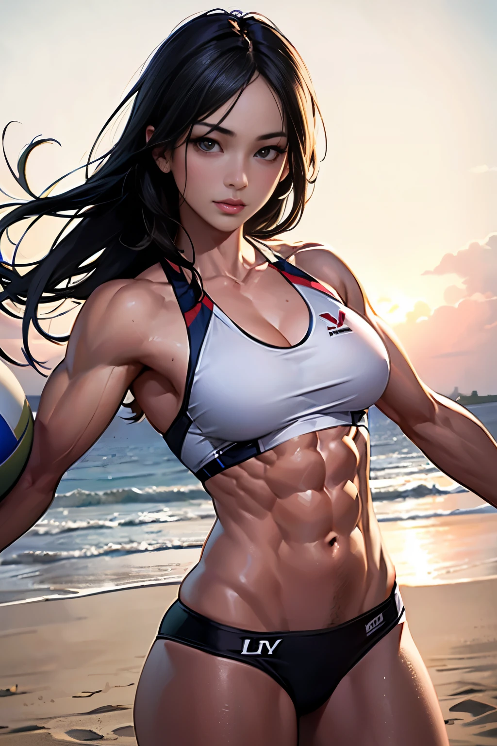 (Completely naked:1.2), (Abdominal muscles:1.4)、(Muscular girl:1.4)、RAW Photos, Realistic:1.4, Beautiful Japanese women playing beach volleyball:1.3, Serve the ball, (Dynamic pose:1.2) Very detailed eyes and face, Beautiful details in the eyes, Large file size, Very detailedな, High resolution, Very detailed, Highest quality, masterpiece, 8k, wonderful, The finer details, Soft lighting, , Long Hair, Cinematic