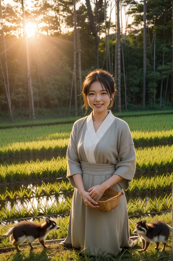 Highest quality,High resolution,Precision,8k,Sunset scene,Paddy field,rural,Autumn harvest time composition:1.5,(Raccoon)(Fox)(Small animals in the forest)Helping with the rice harvest:1 5,A fun scene,Heartwarming,The pale light of the setting sun pours down,A Japanese grandma with a cute smile:1.5,