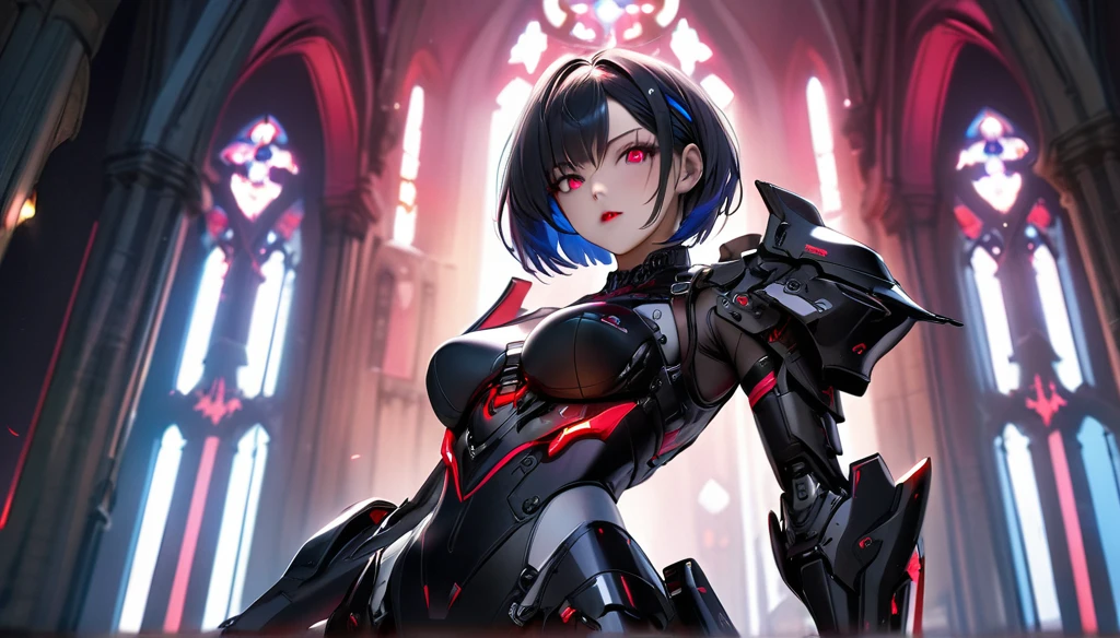 a portrait of mecha female vampire in a dark gothic cyberpunk church, an exotic exquisite beautiful mecha female vampire, dynamic hair color, short hair, dynamic eyes color, intense eyes,  glowing eyes, dynamic eyes color, wearing intricate mech armor, delicate mech armor, delicate blood veins in the armor, wearing thigh high heeled boots, dark gothic cyberpunk church background, vibrant, Ultra-high resolution, High Contrast, (masterpiece:1.5), highest quality, Best aesthetics), best details, best quality, highres, 16k, (ultra detailed: 1.5), masterpiece, best quality, (extremely detailed) RAW, (ultra details, Masterpiece, best quality), Atmospheric Perspective, 