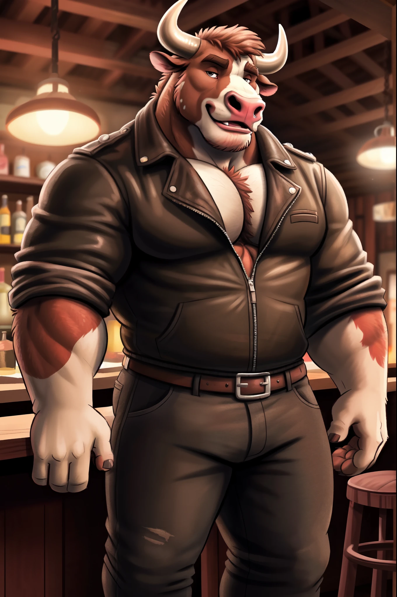 highest res, bull, anthro, 4 fingers, male aged in early 50's, muscular, muscular anthro, muscular male, tail, standing in most realistic detailed accurate american western texan biker bar, solo, most realistic detailed accurate blurred background, by dramamine, by nanoff, by minedoo, by dream_and_nightmare, by horrorbuns, short darkest detailed multi tone bull fur, full body view, most realistic detailed bull fur pattern, colors, and markings, most tough and manly masculine calm relaxed casual face, dynamic most calm realxed casual tough and manly masculine calm relaxed pose, frontal view, fully front facing view, american, texan, western, biker, average height most bulky muscular sexiest body, daddy, dilf, open mouth, showing teeth, open eyes, detailed dark pupils, best quality, masterpiece, perked up ears, facing viewer, looking at viewer, smiling, smiling at viewer, without text, summer, fully clothed male, indoors, closeup, most detailed huge pecs, best most realistic body proportions, most tough and manly, most detailed bull teeth, clothes, wearing most detailed most tough and manly masculine most accurate modern leather biker outfit, hdr, 8k, most detailed most shortest bull hair, most detailed shortest most tough and manly masculine hairstyle, an14, e621, best anatomy, best ergonomics, most tough and manly masculine male, most detailed bull horns,