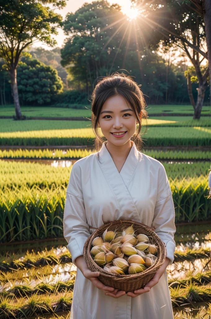 Highest quality,High resolution,Precision,8k,Sunset scene,Paddy field,rural,Autumn harvest time composition:1.5,(Raccoon)(Fox)(Small animals in the forest)Helping with the rice harvest:1 5,A fun scene,Heartwarming,The pale light of the setting sun pours down,A Japanese grandma with a cute smile:1.5,