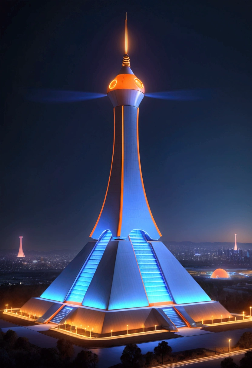 Tower similar pyramid highly shape,futuristic modern, Mechanical nuclear power plant, Cooling Tower, Special symbols，blue and orange， Neon lights sign, Neon lights, Aerial View ,Art Deco Design，streamline moderne，Futuristic architecture, abstract，modern style，Night view， Futuristic decorative elements，titanium ，Number Line，sci-fi lamp，Unreal Engine，Unreal Rendering,