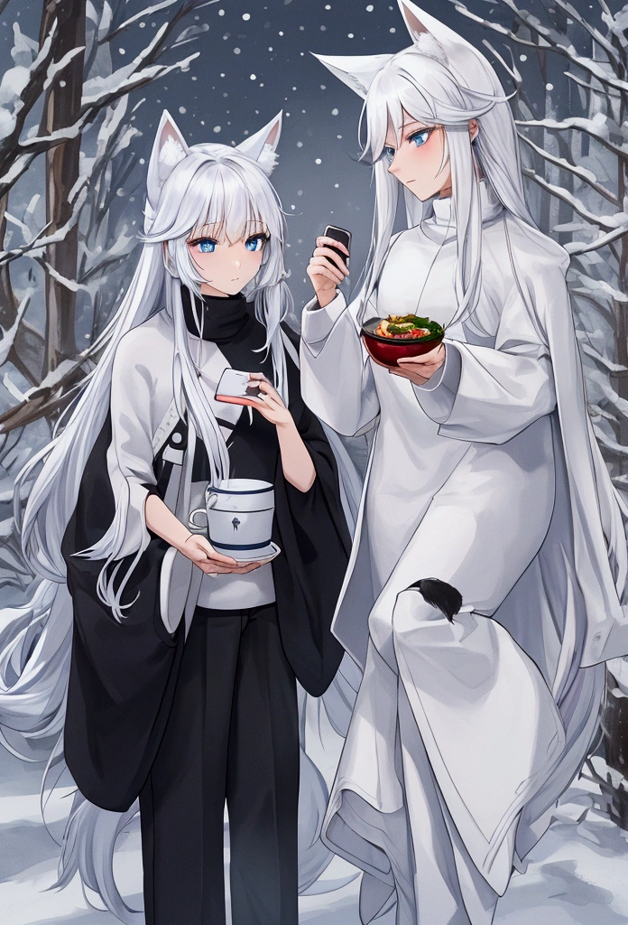 Herbal tea and spicy salad ((Nose hair) A white fox with blue eyes and a black tail, a black sweater, and winter pants, sometimes playing with a mobile phone when it&#39;s snowing.