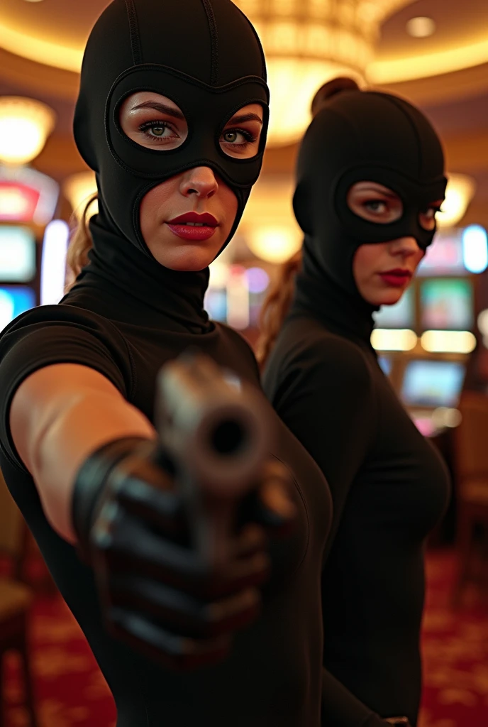 scarlett johanss et natalie portman qui vont un braquage en cosplay en la casa de papel dans un casino avec des sac et des pistolet avec le masque