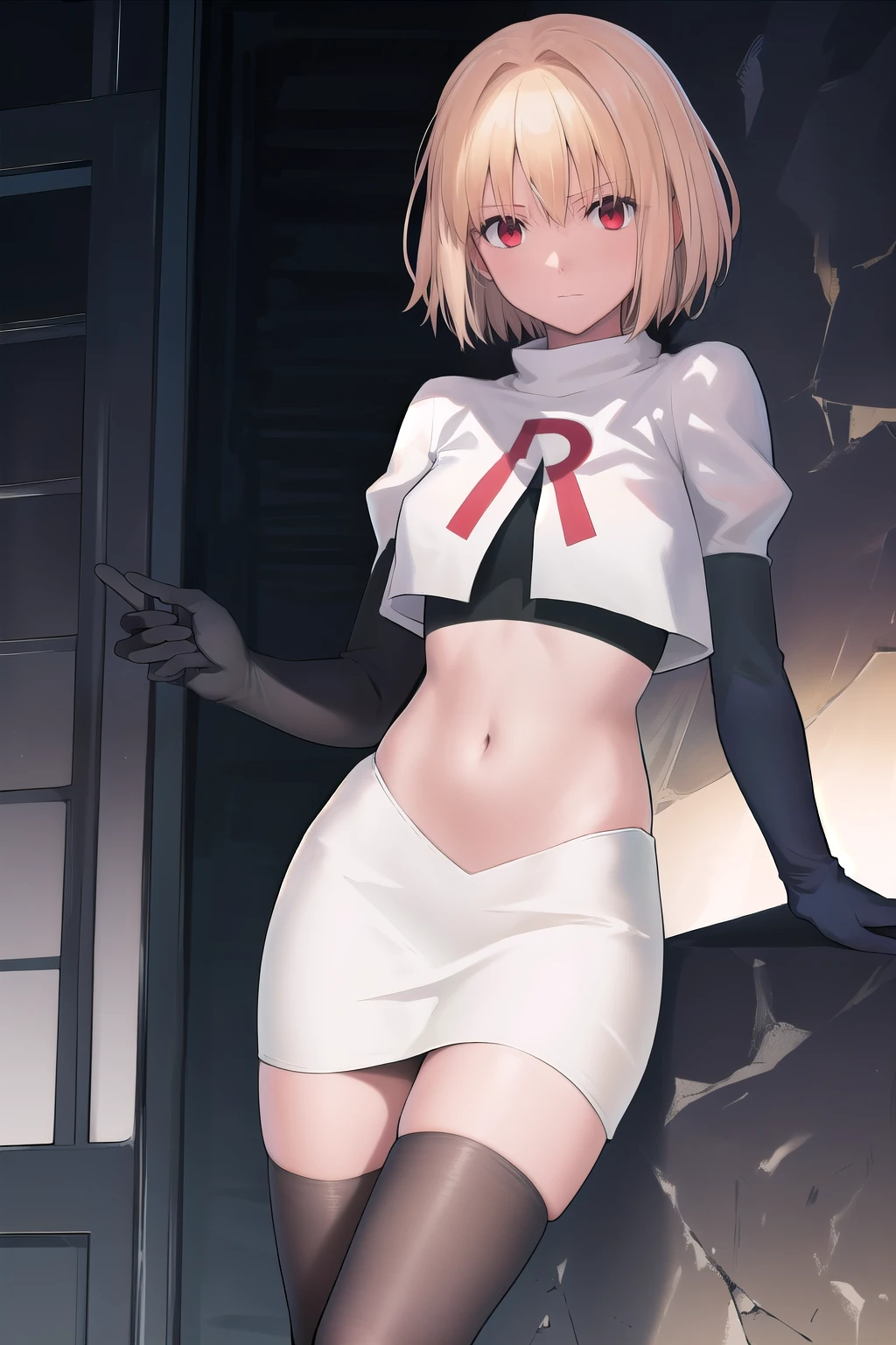 arcueid \\(tsukihime\\),arcueid \\,1girl,solo,(cowboy shot:1.2),best quality,masterpiece,original, extremely detailed 8K wallpaper, extremely delicate and beautiful,colorful,intricate detail,mature female,Perfect female,high quality,high res,medium breasts,team rocket,team rocket uniform,white skirt,red letter R,crop top,black thigh-highs,black elbow gloves