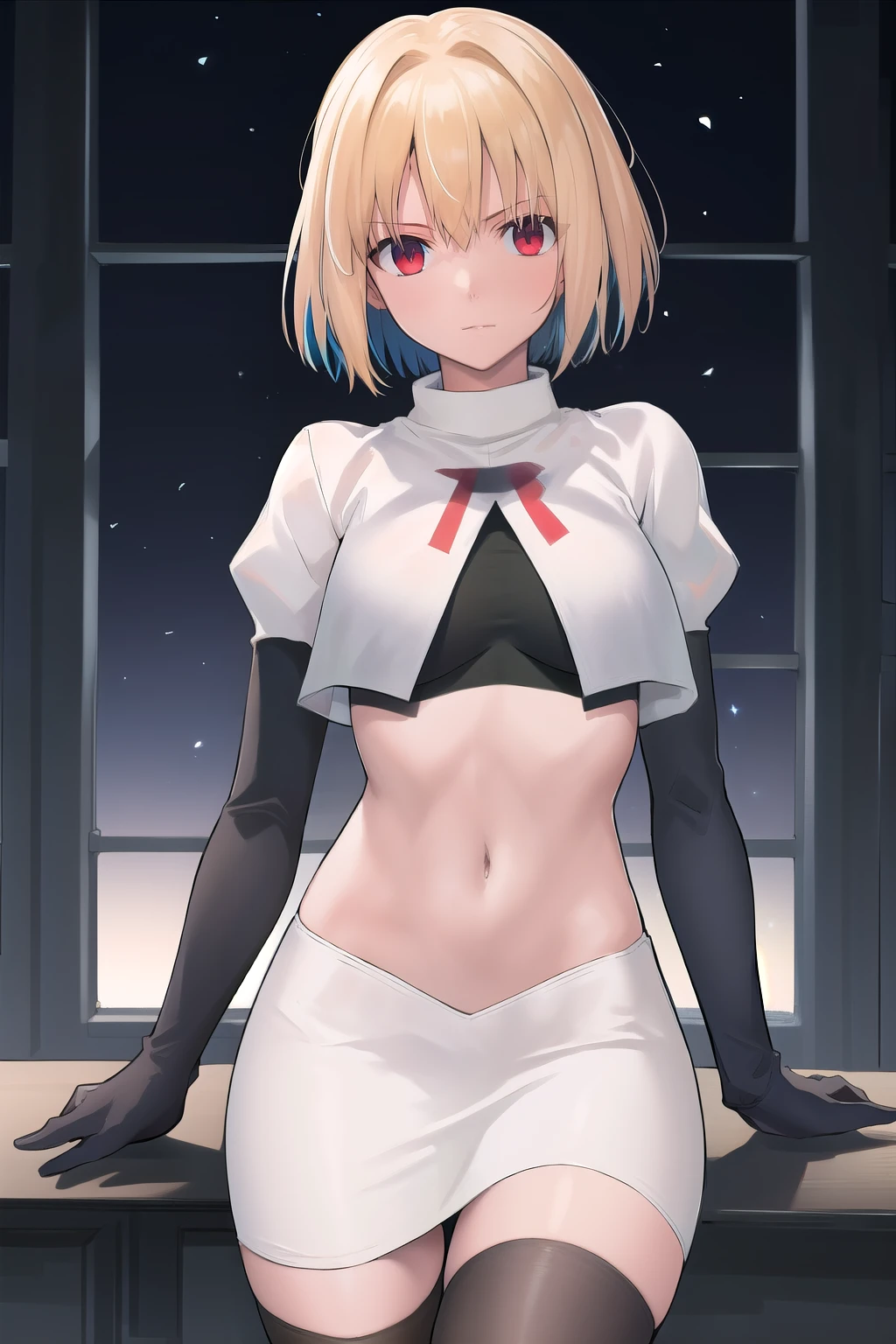 arcueid \\(tsukihime\\),arcueid \\,1girl,solo,(cowboy shot:1.2),best quality,masterpiece,original, extremely detailed 8K wallpaper, extremely delicate and beautiful,colorful,intricate detail,mature female,Perfect female,high quality,high res,medium breasts,team rocket,team rocket uniform,white skirt,red letter R,crop top,black thigh-highs,black elbow gloves