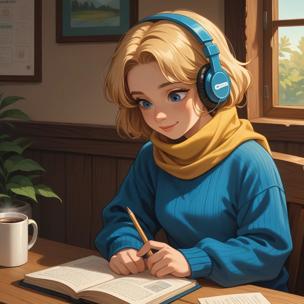 Generate a high-quality, enhanced edition image of a teenage girl with blonde hair and blue eyes. She is wearing a cozy blue sweater and a yellow scarf, sitting at a wooden table in a cozy café, studying with a notebook and a cup of coffee nearby. She’s listening to music on headphones, with a soft smile on her face. The image should be rendered in a calm, relaxing, lo-fi Pixar style, using warm colors, gentle color grading, and careful attention to scale, shadows, and the soft glow of ambient café lighting.

