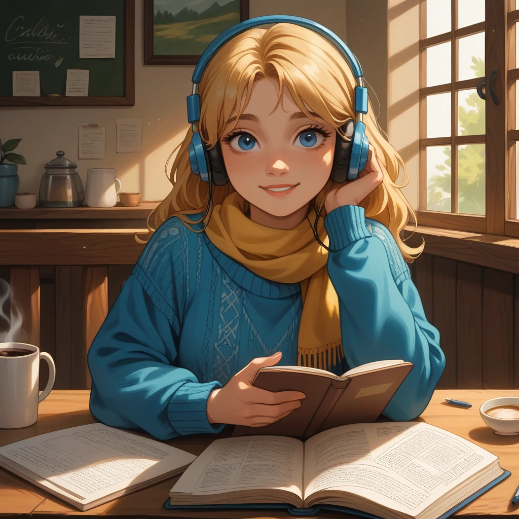 Generate a high-quality, enhanced edition image of a teenage girl with blonde hair and blue eyes. She is wearing a cozy blue sweater and a yellow scarf, sitting at a wooden table in a cozy café, studying with a notebook and a cup of coffee nearby. She’s listening to music on headphones, with a soft smile on her face. The image should be rendered in a calm, relaxing, lo-fi Pixar style, using warm colors, gentle color grading, and careful attention to scale, shadows, and the soft glow of ambient café lighting.

