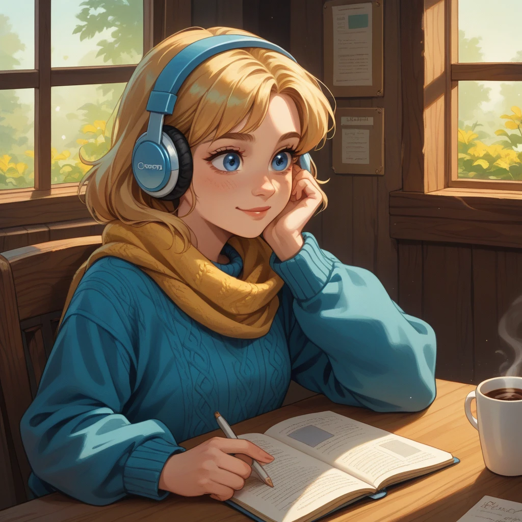 Generate a high-quality, enhanced edition image of a teenage girl with blonde hair and blue eyes. She is wearing a cozy blue sweater and a yellow scarf, sitting at a wooden table in a cozy café, studying with a notebook and a cup of coffee nearby. She’s listening to music on headphones, with a soft smile on her face. The image should be rendered in a calm, relaxing, lo-fi Pixar style, using warm colors, gentle color grading, and careful attention to scale, shadows, and the soft glow of ambient café lighting.

