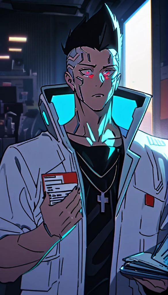 David Martinez de Cyberpunk, as a nurse, white filipina nurse, male nurse, david Cyberpunk, White high collar shirt, with medical records in hand, David Martinez