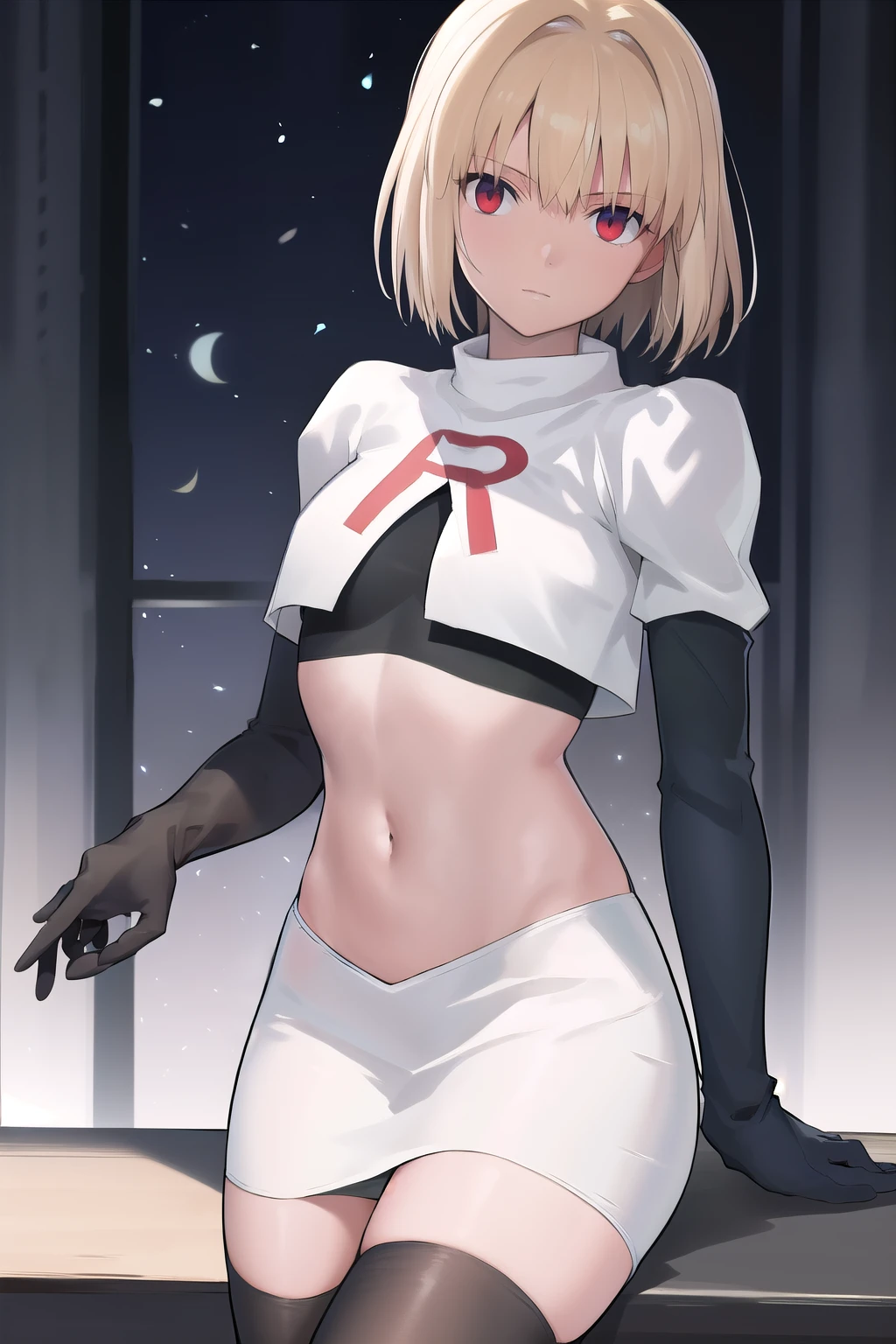 arcueid \\(tsukihime\\),arcueid \\,1girl,solo,(cowboy shot:1.2),best quality,masterpiece,original, extremely detailed 8K wallpaper, extremely delicate and beautiful,colorful,intricate detail,mature female,Perfect female,high quality,high res,medium breasts,team rocket,team rocket uniform,white skirt,red letter R,crop top,black thigh-highs,black elbow gloves
