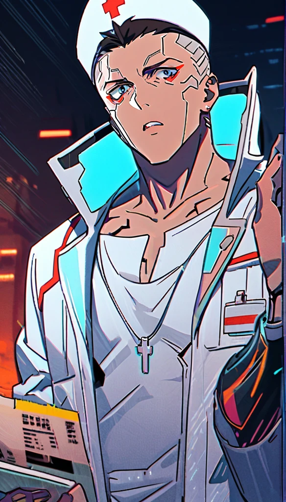 David Martinez de Cyberpunk, as a nurse, white filipina nurse, male nurse, david Cyberpunk, White high collar shirt, with medical records in hand, David Martinez