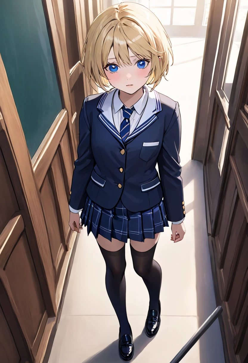 School class scenario, an American private school girl, short blonde bob cut hair, blue eyes, teenager, mature face, no breasts, thin, demure, looking down, not looking at pov, shy, girl, the girl is wearing American private school uniform with blazer and tie, navy ruffled skirt, black nylon stockings, shiny black shoes,