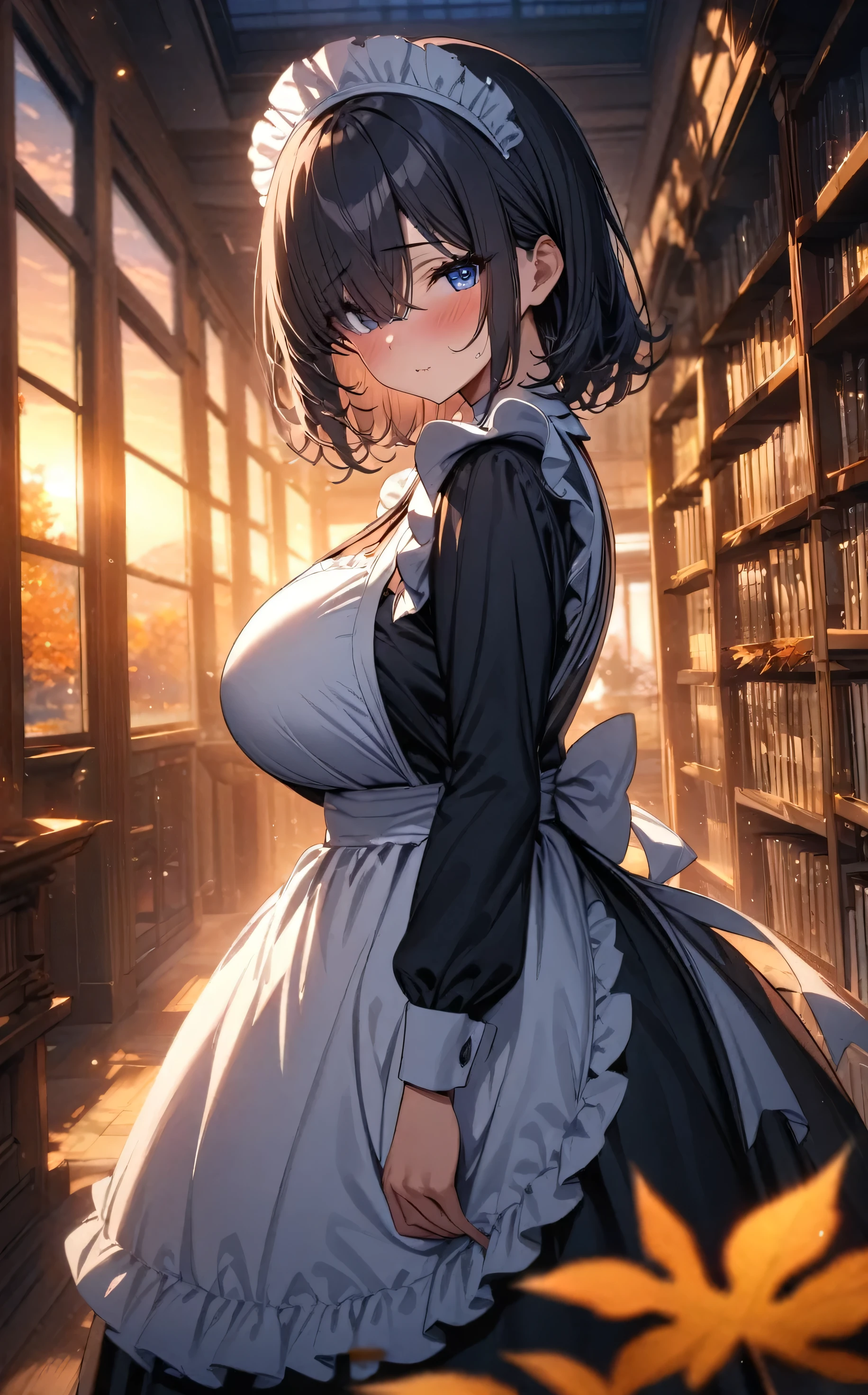 (masterpiece, Highest quality:1.2), 1girl, (Black medium hair), (maid dress), growing light, ((blue eyes)), ((big breast)), light particles, long bangs, ((dusk)), bangs, high detail, glowing light, bloom, standing, (long bangs over eyes), back light, natural light, autumn, library, blush, mature, long sleeves, (full body)