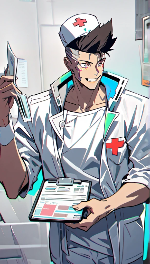 David Martinez de Cyberpunk, as a nurse, white filipina nurse, male nurse, david Cyberpunk, White high collar shirt, with medical records in hand, David Martinez