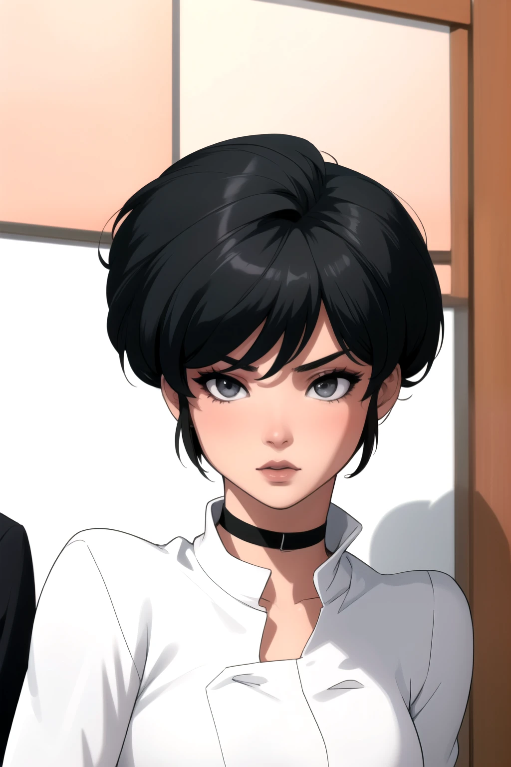 Ranma-chan. very short hair. choker. Grey eyes. black hair. black lips. All white bodysuit. a photo of a face in the vicinity.