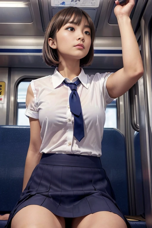 Japanese girl, 18 years old, short hair, blonde, bangs, brown eyes, perfect figure, transparency, luster, most lusterful breasts, school uniform, navy blue ribbon, light blue shirt, navy blue skirt, Hirotake, burning body, Gravure idol pose, in the train, beautiful feet, strong sunlight, dirty, rain-soaked, Wet body.

The Japanese girl, at the age of eighteen, sat gracefully on the train seat, her short blonde hair framed her pretty face with bangs parted to the side. Her brown eyes sparkled with life as she looked out of the window, her perfect figure accentuated by the transparency