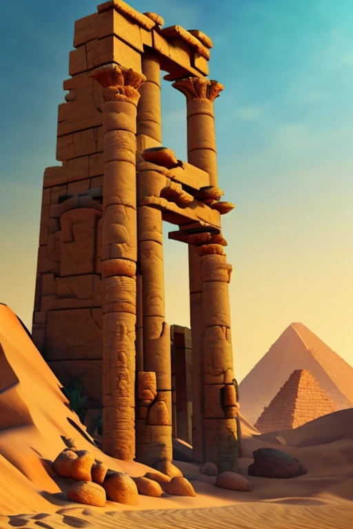 (masterpiece:1.2), (best quality,:1.2), 8k, HDR, ultra detailed, ((photorealistic)), professional light, cinematic lighting, fashion photography, ambient lighting,ruins of a sinister tower on a hill, magical lights, FanRu ((perfect hands)), epiCPhoto, sand, desert, (ancient egypt:1.3), green