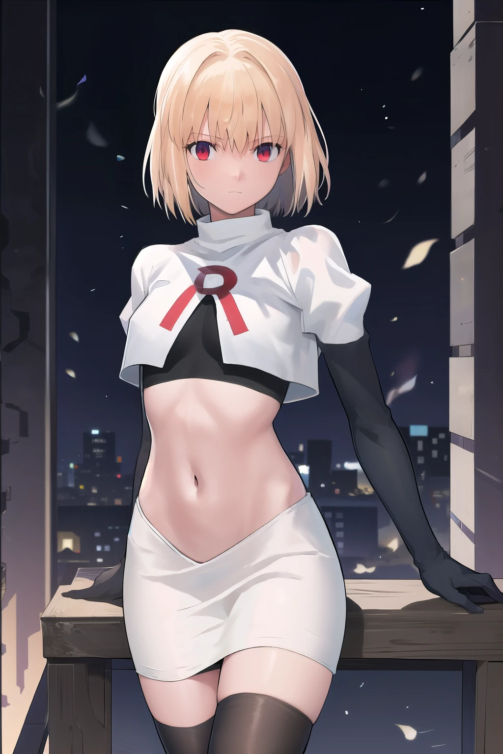 arcueid \\(tsukihime\\),arcueid \\,1girl,solo,(cowboy shot:1.2),best quality,masterpiece,original, extremely detailed 8K wallpaper, extremely delicate and beautiful,colorful,intricate detail,mature female,Perfect female,high quality,high res,medium breasts,team rocket,team rocket uniform,white skirt,red letter R,crop top,black thigh-highs,black elbow gloves