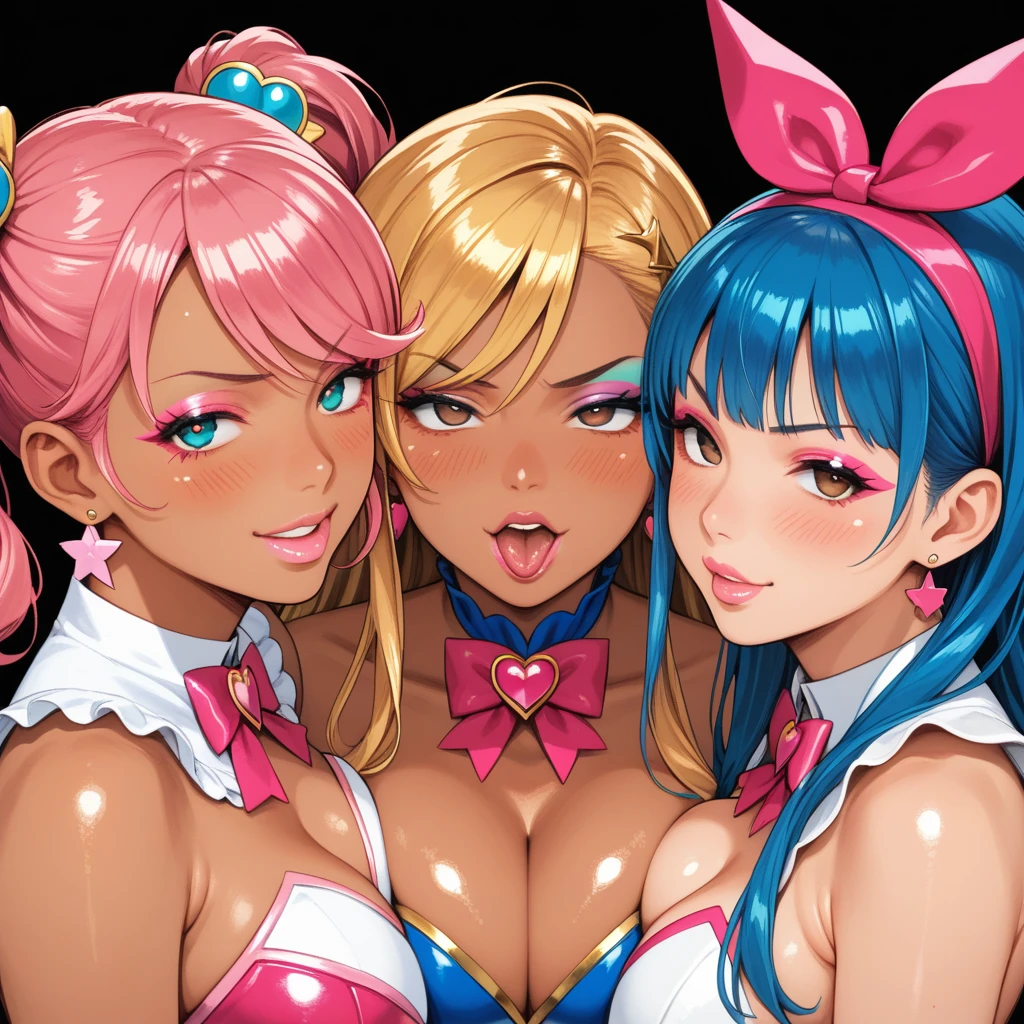 Score_9, score_8_up, score_7_up, score_6_up, rating_expricit, 1girl, dark-skinned female, makeup, pink eyeshadow, pink lips, jewelry, 3girls, (looking at viewer), gyaru, blush, multiple girls, blue hair, blonde hair, pink hair, (magical girl costume), magical girls, nude, cleavage, asymmetrical docking, simple background, breast press, take your pick, CorruptR, close-up, makeup, eyeshadow, half-closed eyes, empty eyes,shiny skin, shiny clothes, ahegao, v-shaped eyebrows