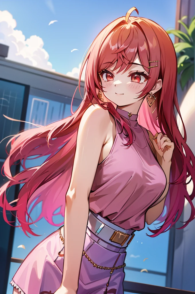 Red hair、Long Hair、Tank top、mile、Wind、beautiful、Shine、Glamour、青いmini skirt、Pink Shirt