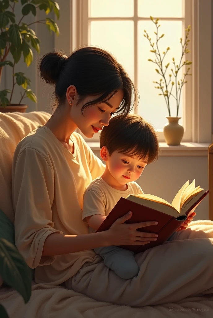 A scene of a parent reading a book to a child on a living room couch, embodying the theme of solidarity and learning at home. The room is filled with soft colors, bookshelves, and a large window letting in afternoon sunlight. Light falls softly, creating a warm and inviting environment. Created using: watercolor illustration, soft brushstrokes, pastel colors, gentle textures, cozy and inviting style, impressionist lighting, natural look, hd quality --ar 4:5 --v 6.0