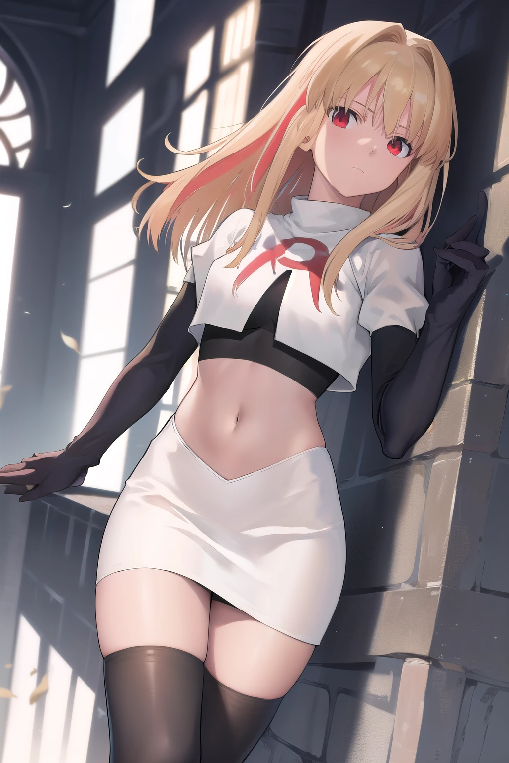 arcueid \\(tsukihime\\),arcueid \\,1girl,solo,(cowboy shot:1.2),best quality,masterpiece,original, extremely detailed 8K wallpaper, extremely delicate and beautiful,colorful,intricate detail,mature female,Perfect female,high quality,high res,medium breasts,team rocket,team rocket uniform,white skirt,red letter R,crop top,black thigh-highs,black elbow gloves