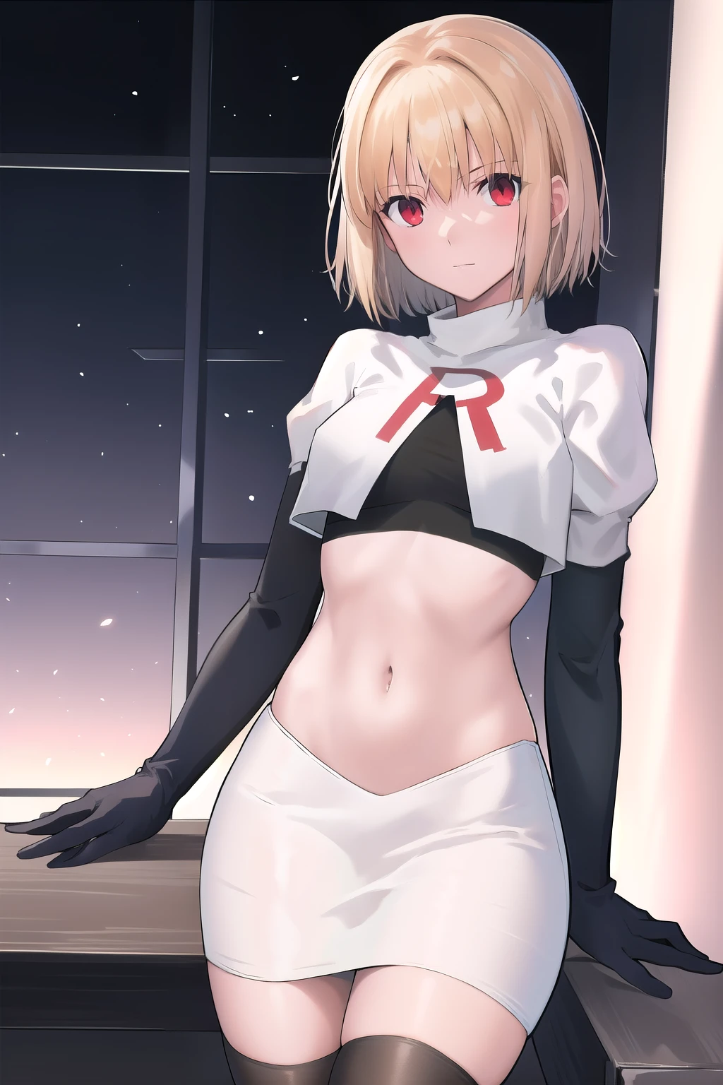 arcueid \\(tsukihime\\),arcueid \\,1girl,solo,(cowboy shot:1.2),best quality,masterpiece,original, extremely detailed 8K wallpaper, extremely delicate and beautiful,colorful,intricate detail,mature female,Perfect female,high quality,high res,medium breasts,team rocket,team rocket uniform,white skirt,red letter R,crop top,black thigh-highs,black elbow gloves