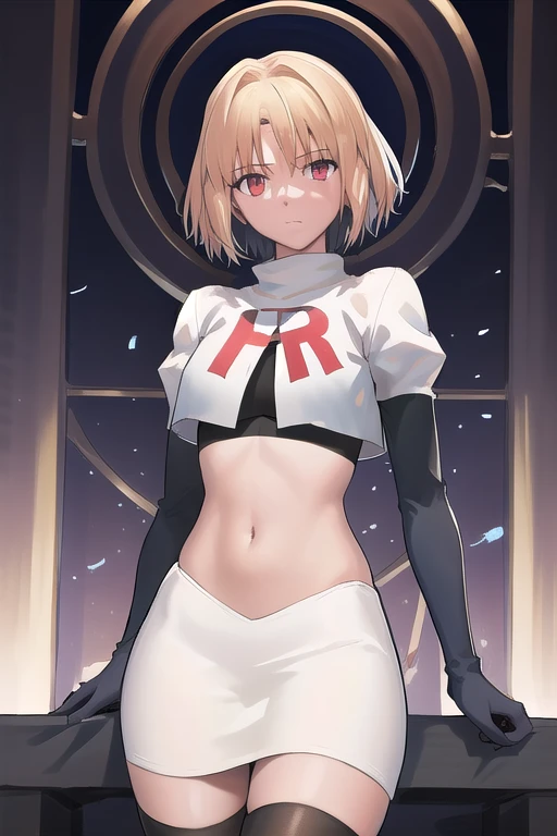 arcueid \\(tsukihime\\),arcueid \\,1girl,solo,(cowboy shot:1.2),best quality,masterpiece,original, extremely detailed 8K wallpaper, extremely delicate and beautiful,colorful,intricate detail,mature female,Perfect female,high quality,high res,medium breasts,team rocket,team rocket uniform,white skirt,red letter R,crop top,black thigh-highs,black elbow gloves