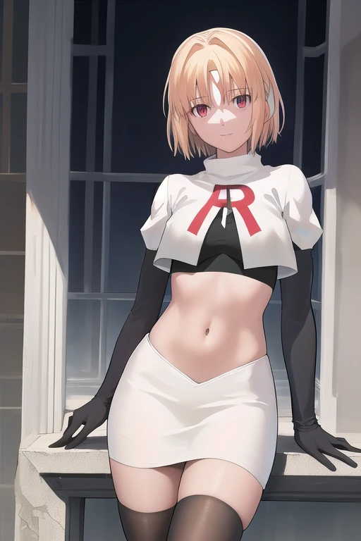 arcueid \\(tsukihime\\),arcueid \\,1girl,solo,(cowboy shot:1.2),best quality,masterpiece,original, extremely detailed 8K wallpaper, extremely delicate and beautiful,colorful,intricate detail,mature female,Perfect female,high quality,high res,medium breasts,team rocket,team rocket uniform,white skirt,red letter R,crop top,black thigh-highs,black elbow gloves