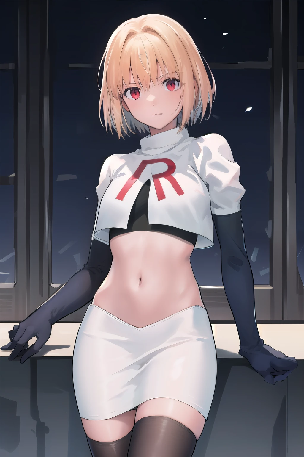 arcueid \\(tsukihime\\),arcueid \\,1girl,solo,(cowboy shot:1.2),best quality,masterpiece,original, extremely detailed 8K wallpaper, extremely delicate and beautiful,colorful,intricate detail,mature female,Perfect female,high quality,high res,medium breasts,team rocket,team rocket uniform,white skirt,red letter R,crop top,black thigh-highs,black elbow gloves