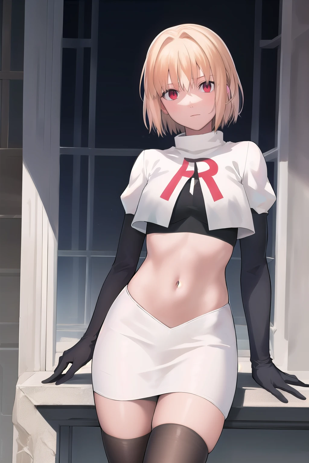 arcueid \\(tsukihime\\),arcueid \\,1girl,solo,(cowboy shot:1.2),best quality,masterpiece,original, extremely detailed 8K wallpaper, extremely delicate and beautiful,colorful,intricate detail,mature female,Perfect female,high quality,high res,medium breasts,team rocket,team rocket uniform,white skirt,red letter R,crop top,black thigh-highs,black elbow gloves