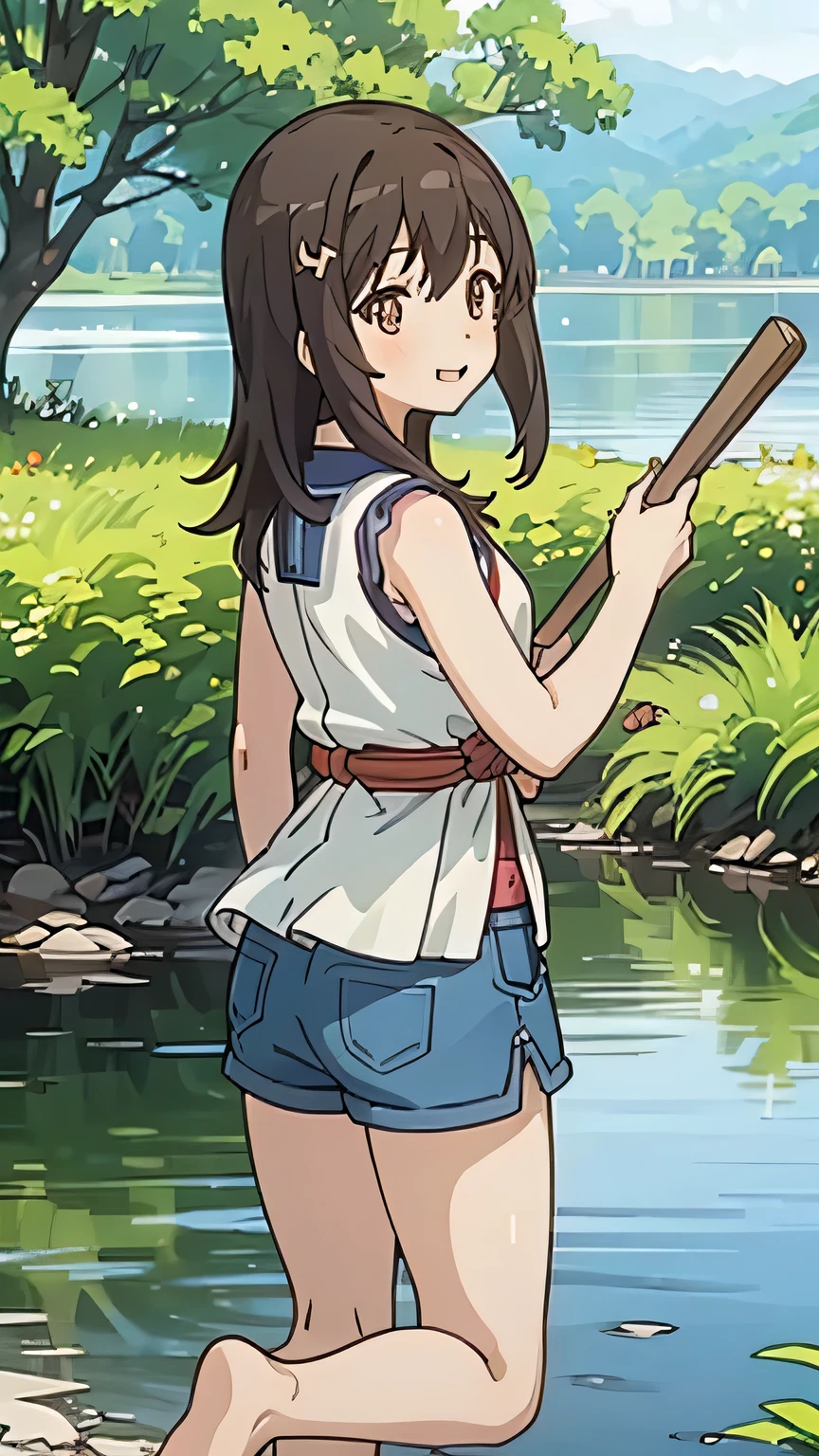 Girl playing in the river, 1girl, Ichijou Hotaru, smile, , barefoot, thighs, sleeveless, shorts, realistic skin texture, dynamic angle, CG, unity, 8k, wallpaper, highest quality, masterpiece, best lighting, detailed background, complex pupils, complex textile, Japanese countryside, dynamic angle, Peeingself,peeing in pants