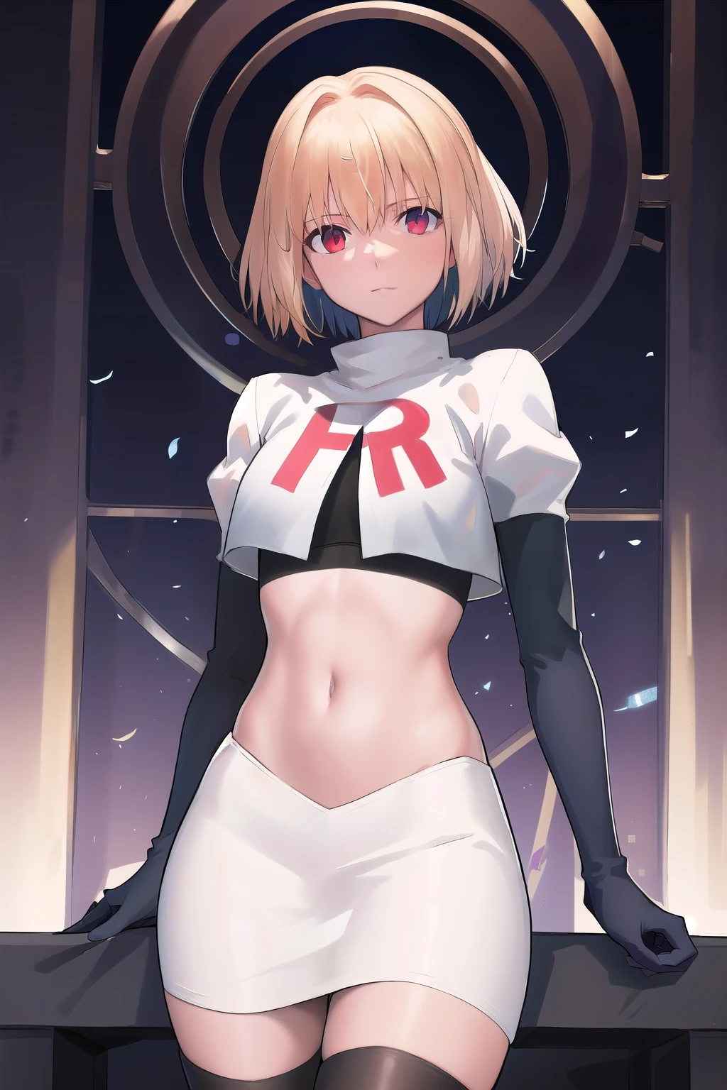 arcueid \\(tsukihime\\),arcueid \\,1girl,solo,(cowboy shot:1.2),best quality,masterpiece,original, extremely detailed 8K wallpaper, extremely delicate and beautiful,colorful,intricate detail,mature female,Perfect female,high quality,high res,medium breasts,team rocket,team rocket uniform,white skirt,red letter R,crop top,black thigh-highs,black elbow gloves