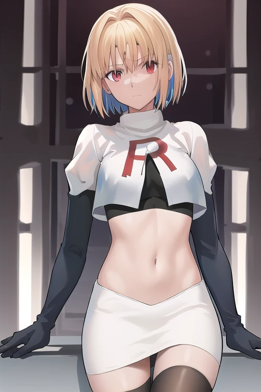 arcueid \\(tsukihime\\),arcueid \\,1girl,solo,(cowboy shot:1.2),best quality,masterpiece,original, extremely detailed 8K wallpaper, extremely delicate and beautiful,colorful,intricate detail,mature female,Perfect female,high quality,high res,medium breasts,team rocket,team rocket uniform,white skirt,red letter R,crop top,black thigh-highs,black elbow gloves